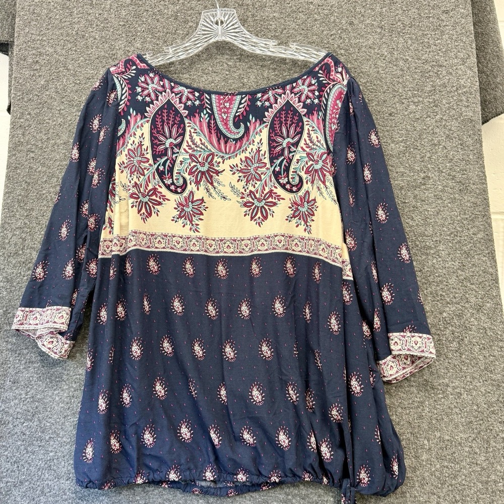 Lucky Brand Womens Pullover Top Blouse Size 1X Blue Boho Cinch Hem Oversize Soft